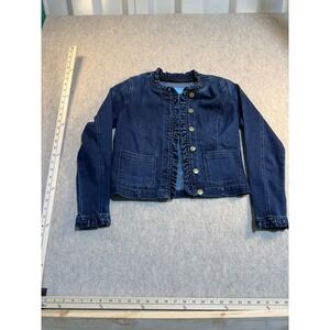 Draper James Womens Ruffle Trim Denim Jacket Dark Wash Blue XS Button Front